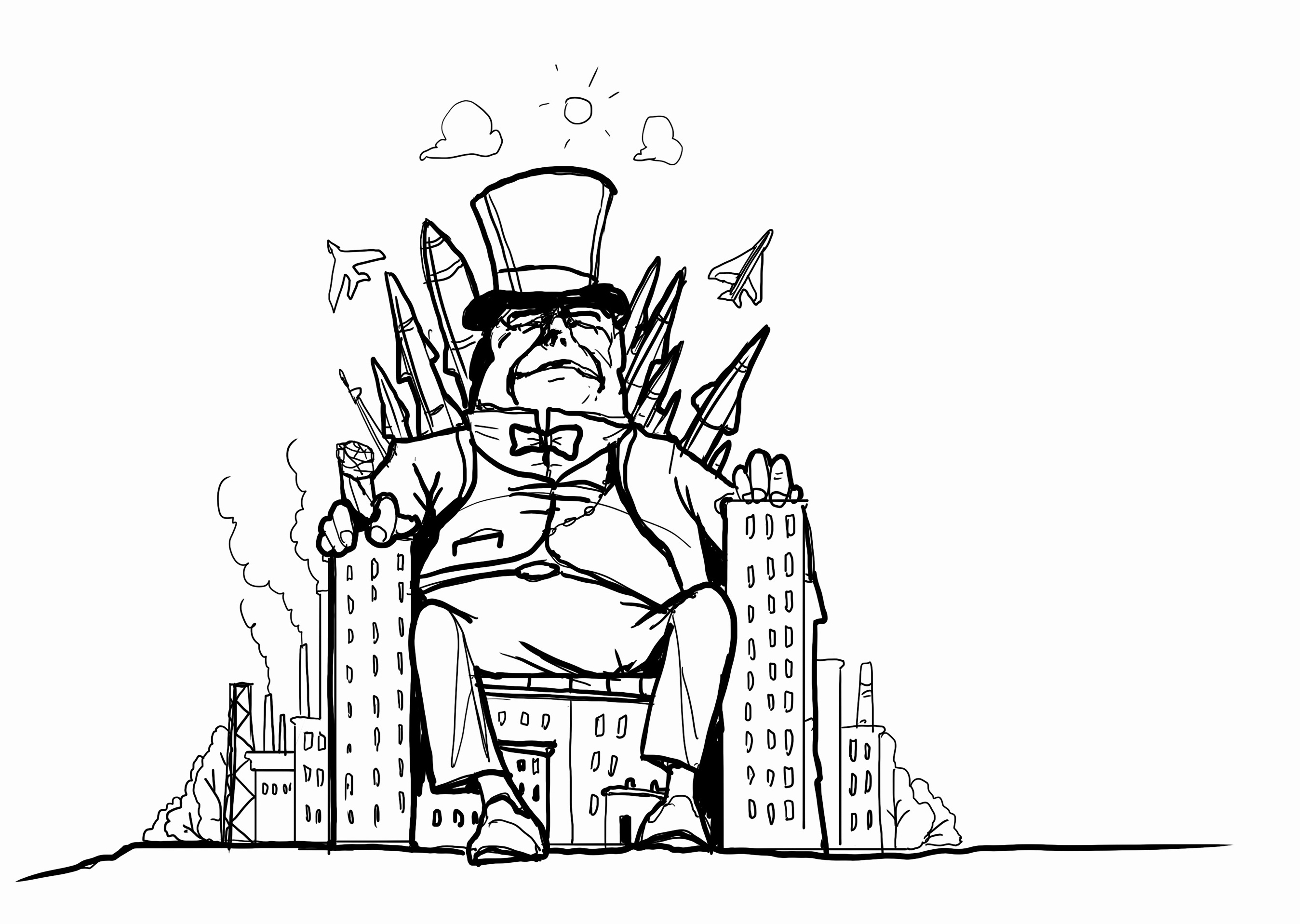 Fat Corporation Man sitting on a cityscape